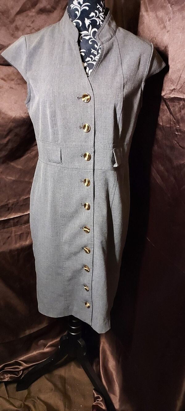 Spense High Collar V Neck Dress Butterfly Sleeve Midi Size 8 Grey